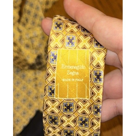Ermenegildo Zegna Mens Tie Gold Blue‎ Medallion Long - Picture 3 of 5